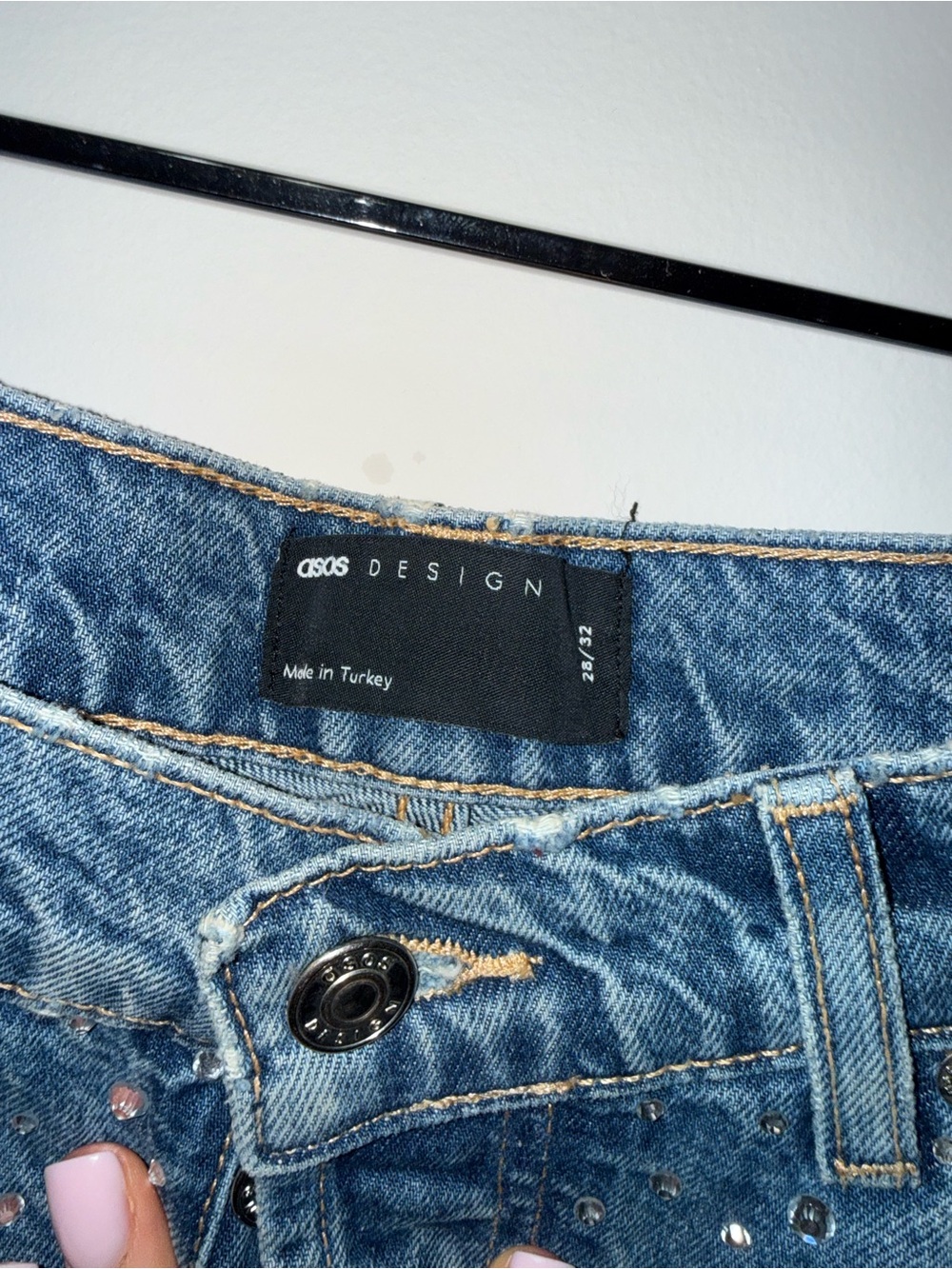 ASOS Blue Rhinestone-Studded Straight Leg Jeans - Picture 7 of 8